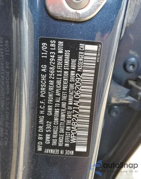 2010 Porsche Panamera S из США, поврежденный, VIN WP0AB2A71AL062092